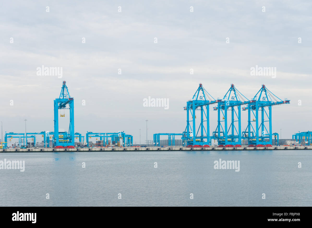 row of large harbor cranes in the rotterdam harbor Stock Photo