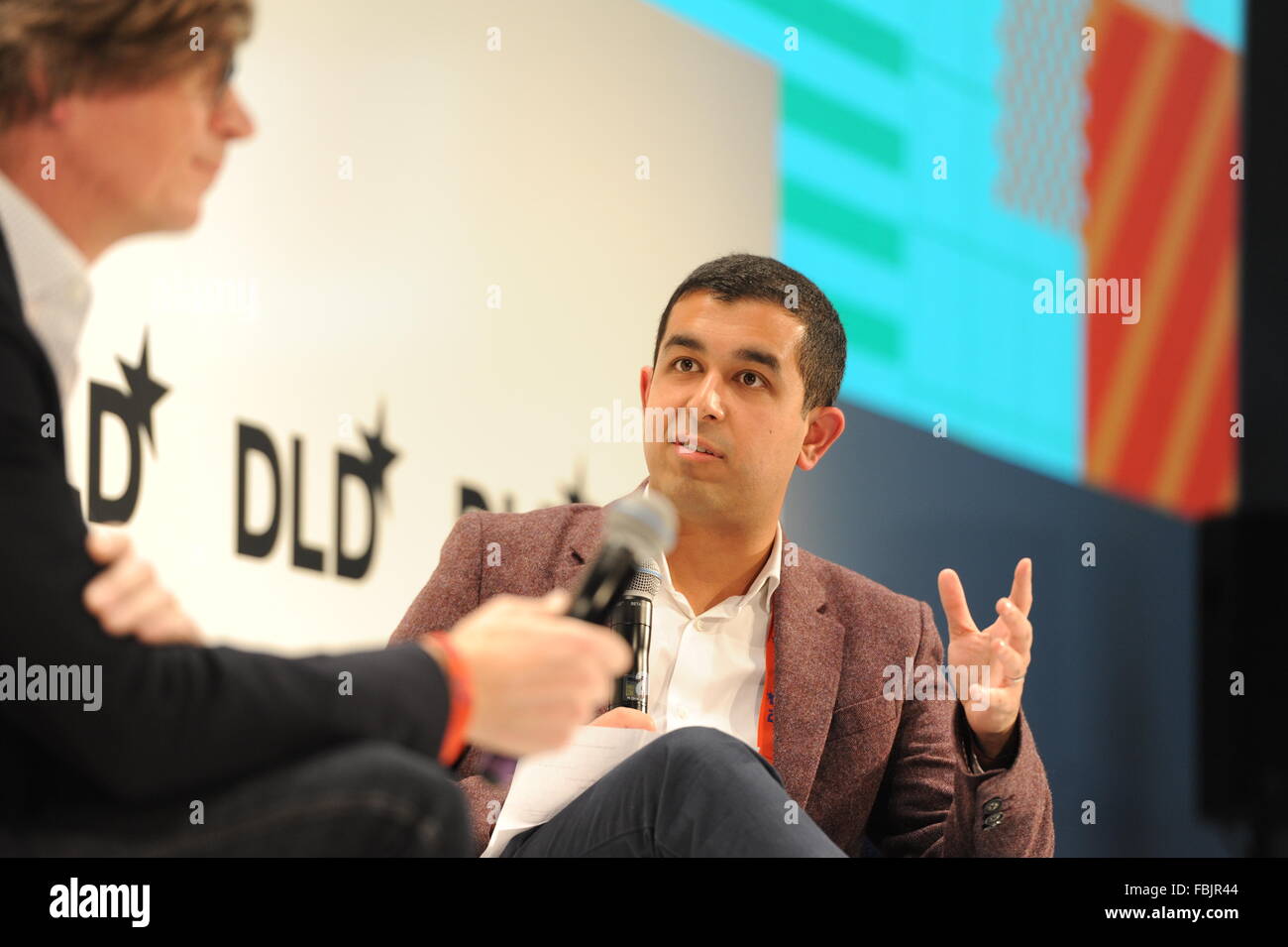 MUNICH/GERMANY - JANUARY 17: Murad Ahmed (Financial Times, r.) talks with Niklas Zennström (Atomico) on a panel discussion during the DLD16 (Digital-Life-Design) Conference at the HVB Forum on January 17, 2016 in Munich, Germany. DLD is a global network of innovation, digitization, science and culture, which connects business, creative and social leaders, opinion formers and influencers for crossover conversation and inspiration.(Photo: picture alliance / Jan Haas) Stock Photo