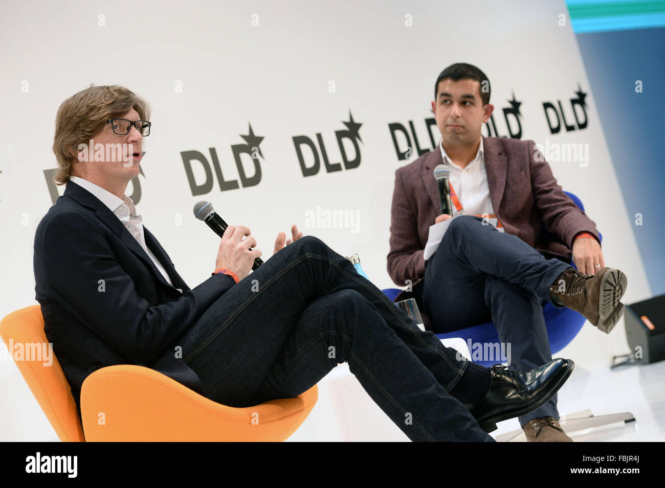 MUNICH/GERMANY - JANUARY 17: Niklas Zennström (Atomico, l.) speaks with Murad Ahmed (Financial Times) on a panel discussion during the DLD16 (Digital-Life-Design) Conference at the HVB Forum on January 17, 2016 in Munich, Germany. DLD is a global network of innovation, digitization, science and culture, which connects business, creative and social leaders, opinion formers and influencers for crossover conversation and inspiration.(Photo: picture alliance / Andreas Gebert) Stock Photo
