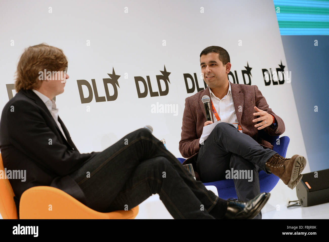 MUNICH/GERMANY - JANUARY 17: Murad Ahmed (Financial Times, r.) speaks with Niklas Zennström (Atomico) on a panel discussion during the DLD16 (Digital-Life-Design) Conference at the HVB Forum on January 17, 2016 in Munich, Germany. DLD is a global network of innovation, digitization, science and culture, which connects business, creative and social leaders, opinion formers and influencers for crossover conversation and inspiration.(Photo: picture alliance / Andreas Gebert) Stock Photo