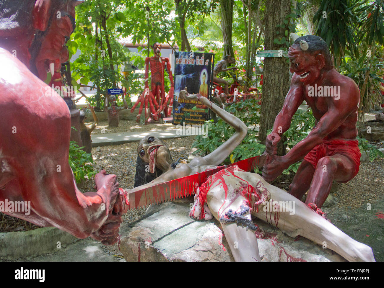 Gruesome statues of scenes from hell at  Wat Mae Kaet Noi or the 'Hell Temple' in Mae rim, Chiang Mai, Thailand. It was created  Stock Photo