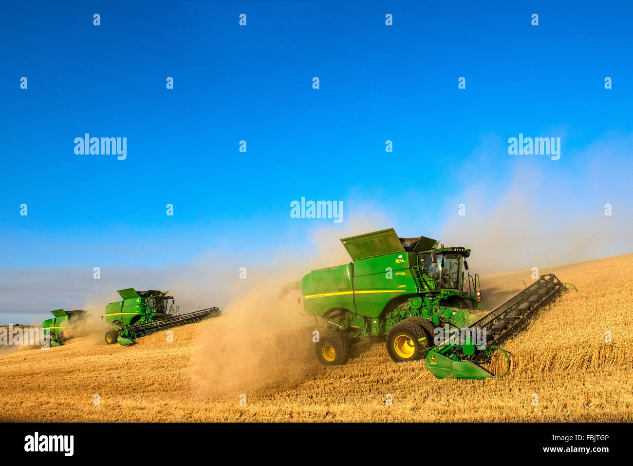 Multiple John Deere combines harvesting grain in the Palouse region of