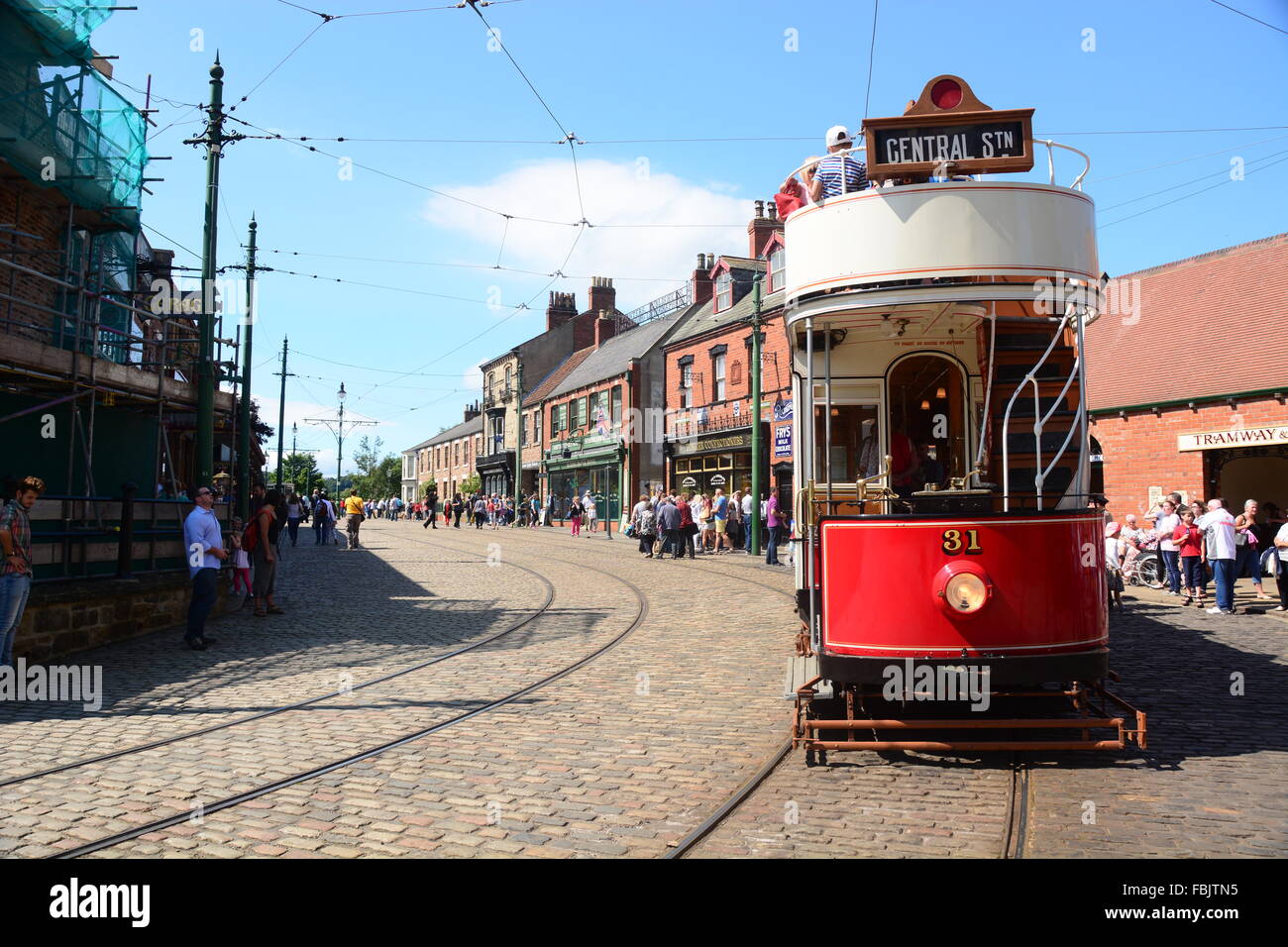 Beamish Tram in Old Village Stock Photo