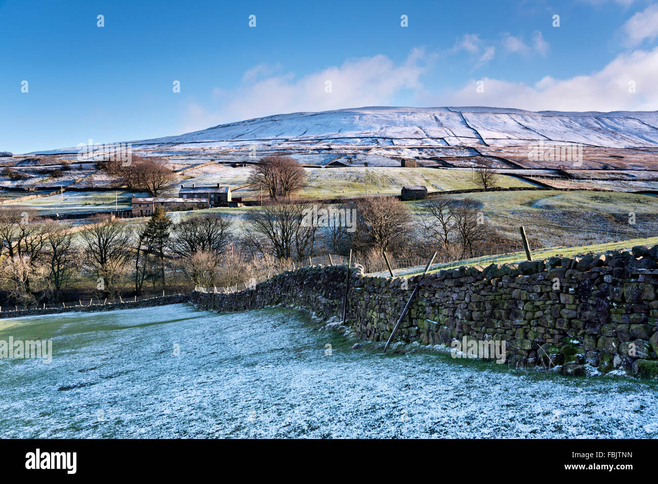 The Yorkshire Dales National Park near Hawes, with a snow-covered Wether Fell in the background, North Yorkshire, UK Stock Photo