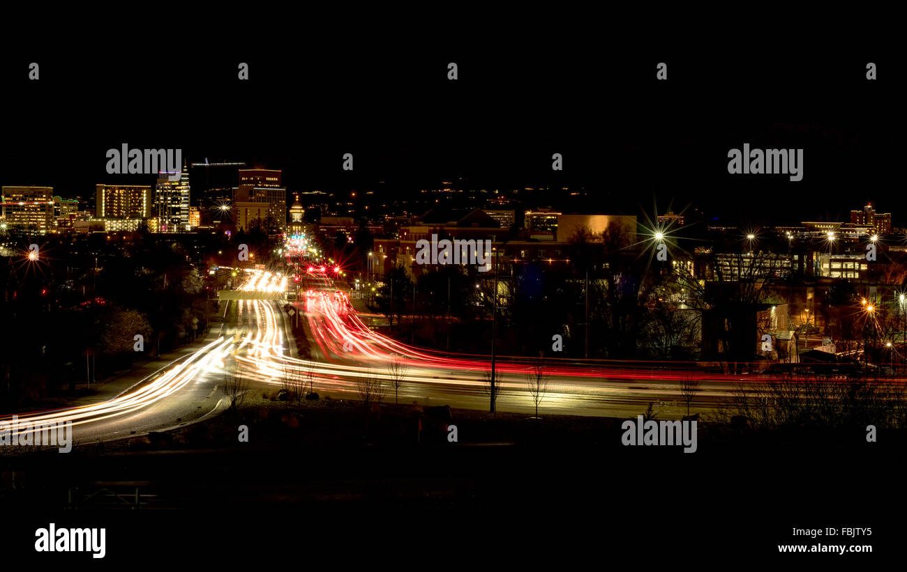 Downtown Boise Idaho with streaking car lights Stock Photo Alamy