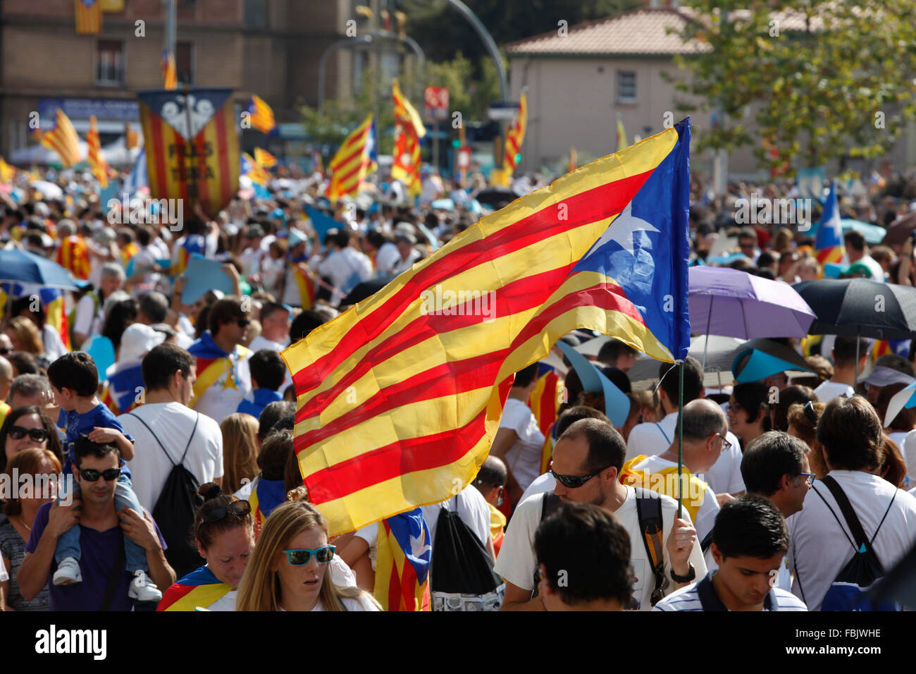 Approximately 2 million pro-independence Catalans gather on Avinguda Meridiana, Barcelona catalan flag Stock Photo