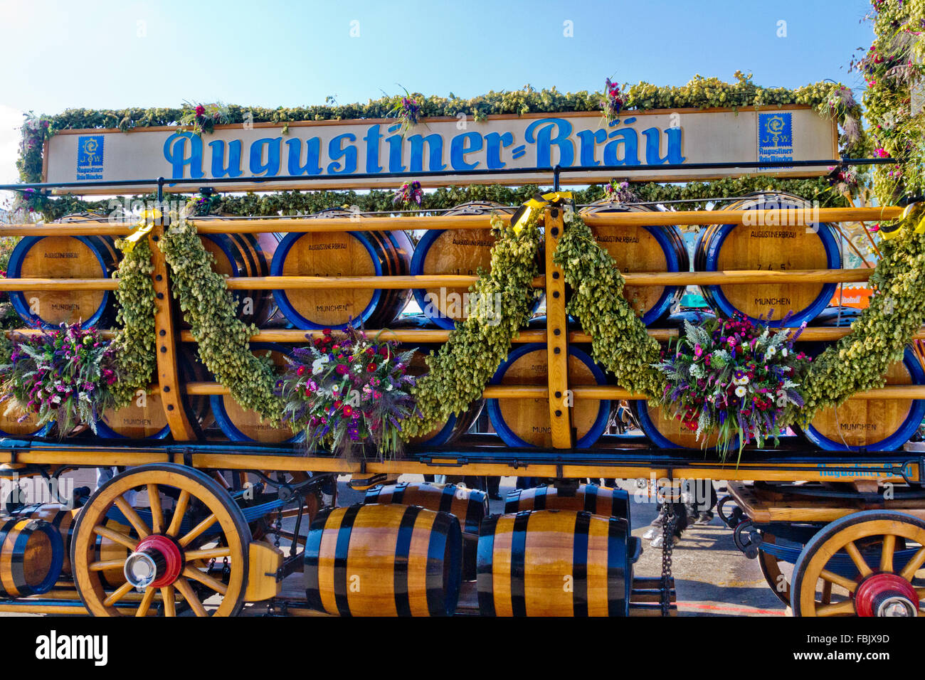 Beer kegs on a decorated cart at Oktoberfest in Munich, Germany. Stock Photo