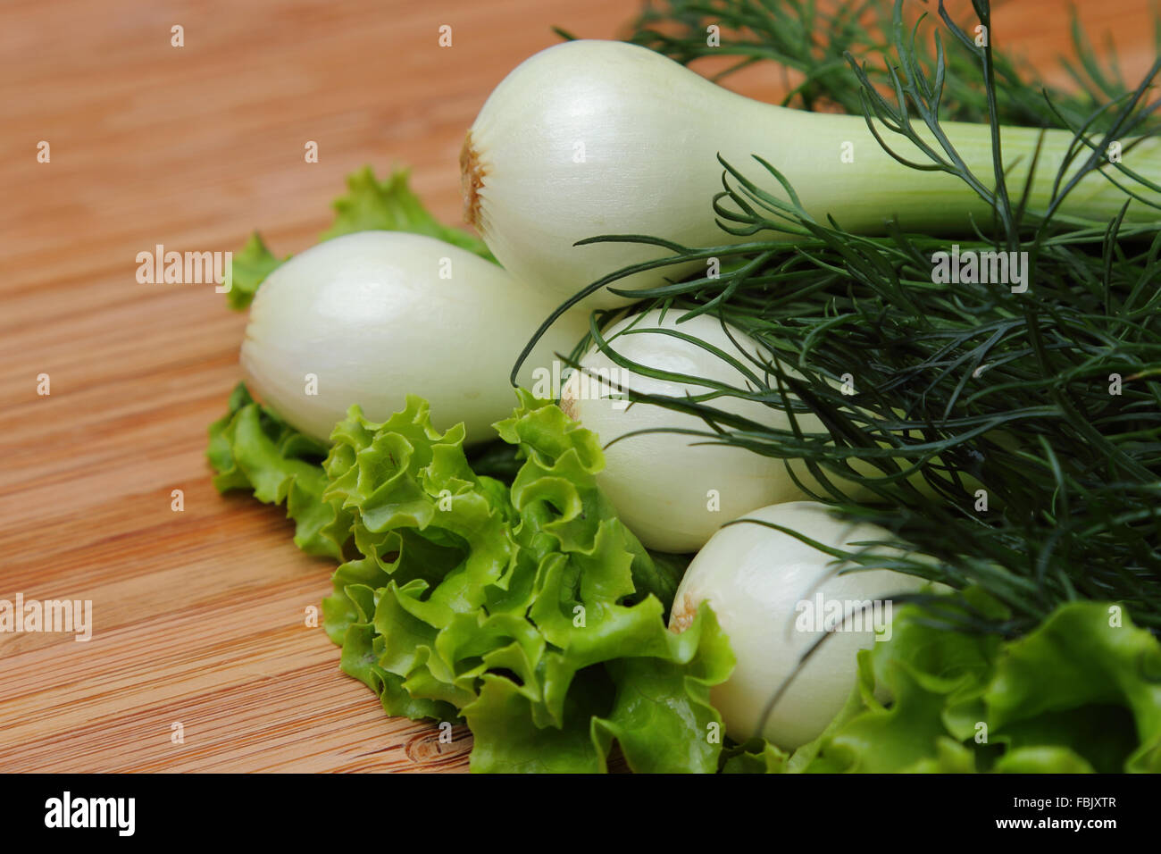 Fresh dill, lettuce and young spring onions on a wooden background Stock Photo