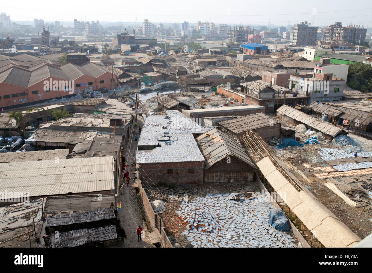 DHAKA, BANGLADESH 11th January 2016: Areal shot of Hazaribagh Tannery in Dhaka on January 11, 2016.  Industries Minister Amir Hossain Amu has ordered tannery owners to move their establishments within 72 hours from Hazaribagh to the Leather Industrial City at Savar on the outskirts of Dhaka.  Dhaka's Hazaribagh area, widely known for its tannery industry, has been listed as one of the top 10 polluted places on earth with 270 registered tanneries in Bangladesh, and around 90-95 percent are located at Hazaribagh employing 8,000 to 12,000 people. Stock Photo