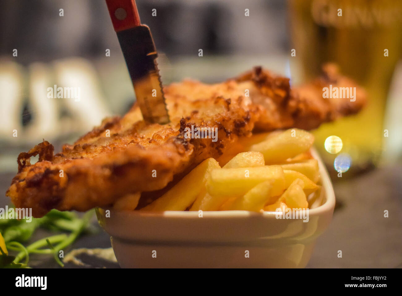 Traditional Irish Fish and chips served in an Irish pub in Dublin City