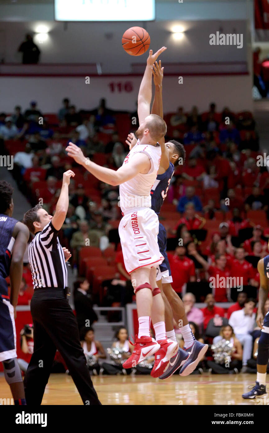 Houston, TX, USA. 17th Jan, 2016. University of Houston center Kyle Meyer #33 and Connecticut Huskies forward Shonn Miller (32) jump for the opening tipoff of the NCAA basketball game between Houston and Connecticut from Hofheinz Pavilion in Houston, TX. Credit image: Erik Williams/Cal Sport Media/Alamy Live News Stock Photo