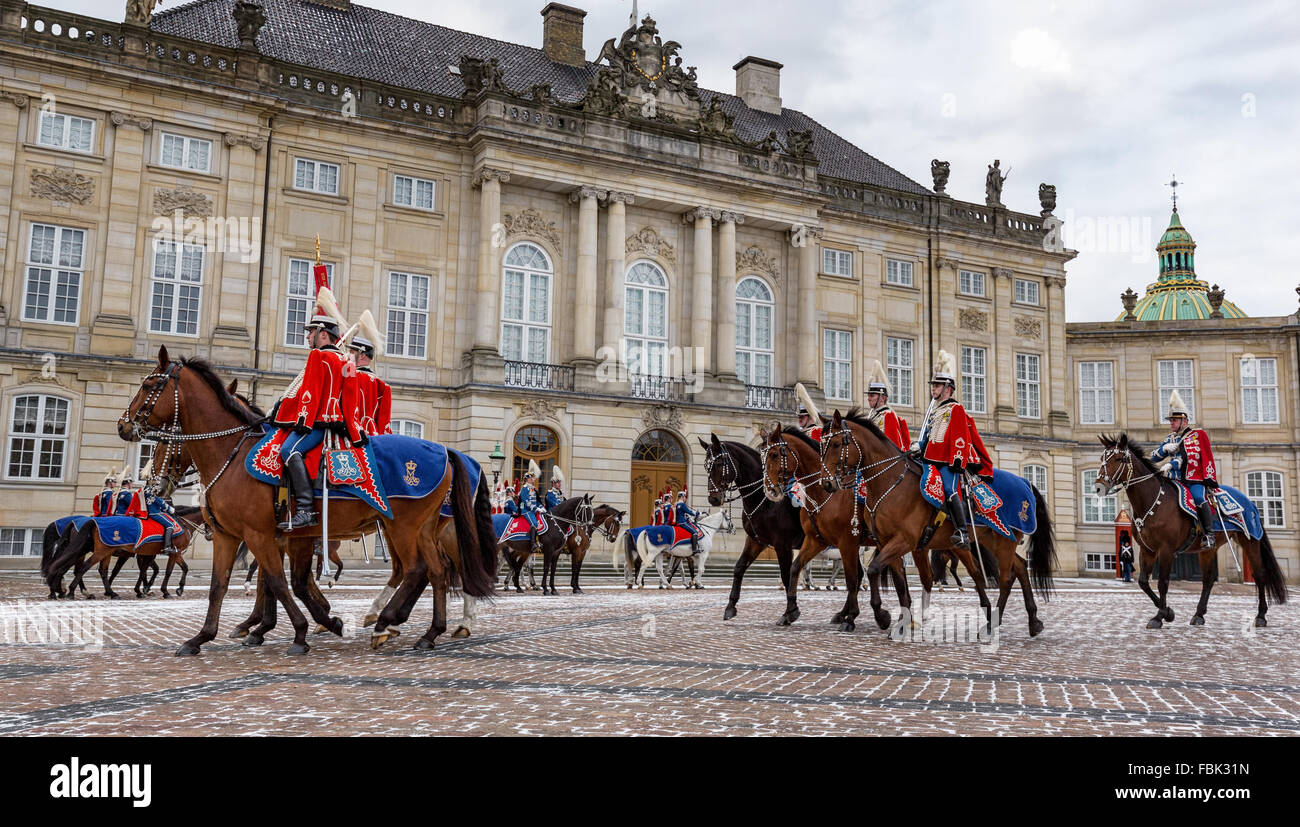 Soldiers from the Guard Hussar Regiment in front of the Royal Amalienborg Palace, Amalienborg, Copenhagen, Denmark Stock Photo