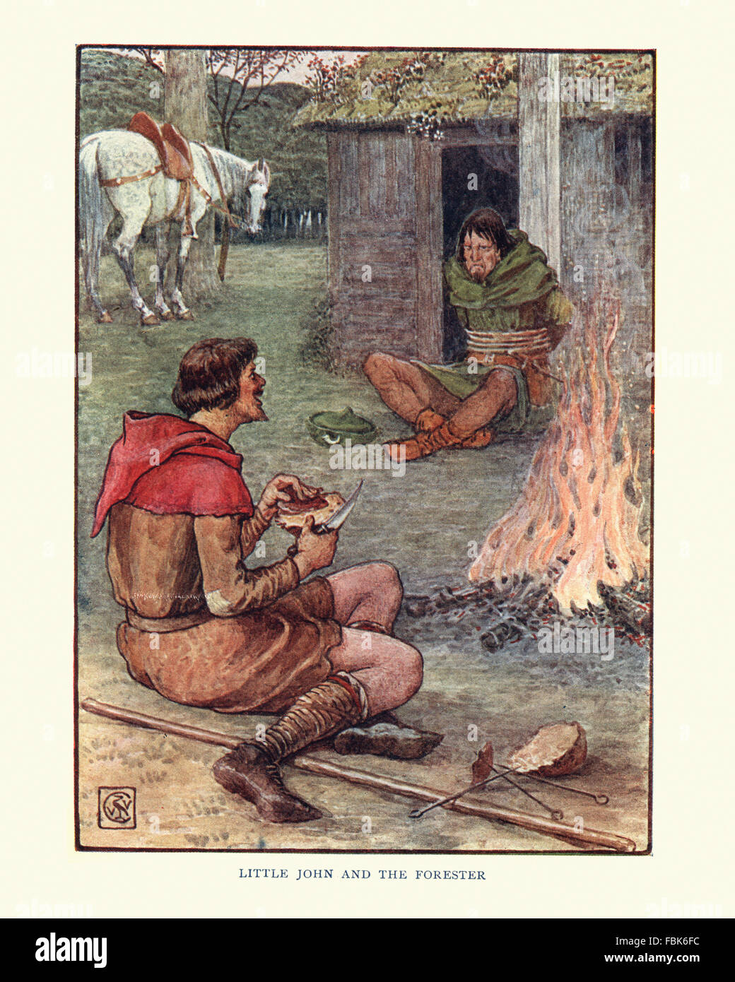 Illustration from the story of Robin Hood. Little John and the Forester. By Walter Crane Stock Photo