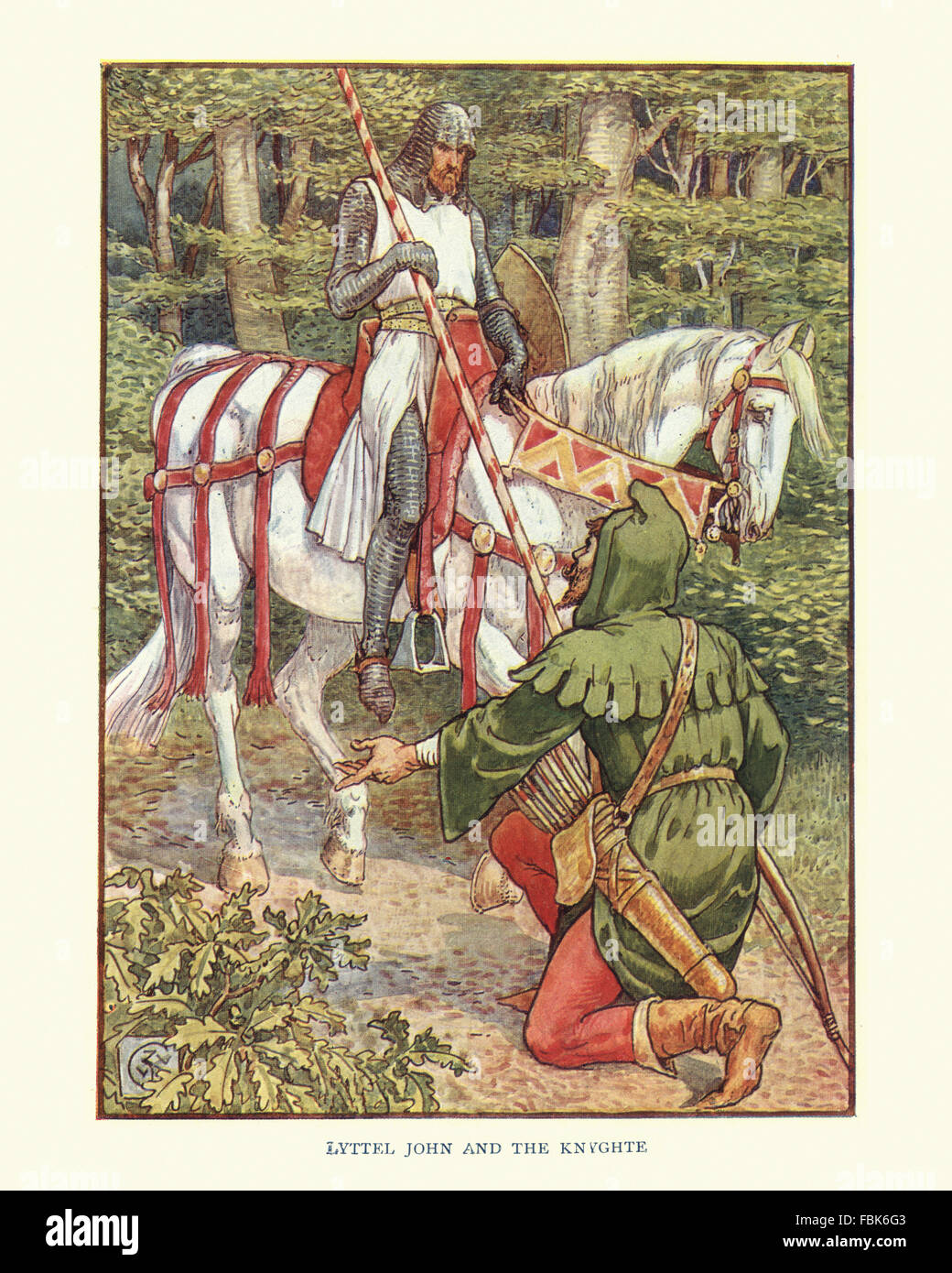 Illustration from the story of Robin Hood.  Little John and the Knight. By Walter Crane Stock Photo