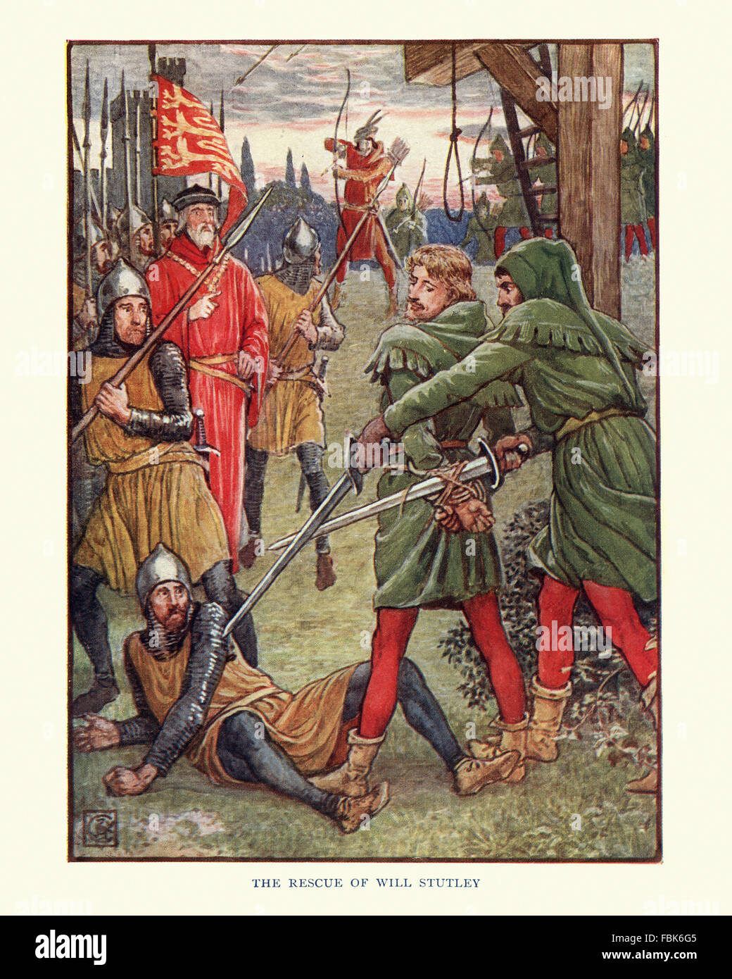 Illustration from the story of Robin Hood. Robin Hood and the Rescue of Will Stutley. By Walter Crane Stock Photo