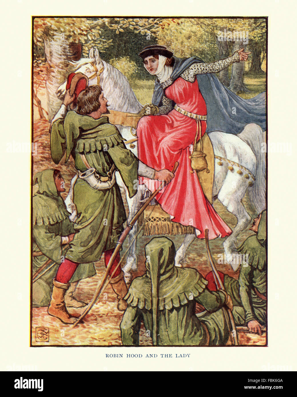 Illustration from the story of Robin Hood. Robin Hood and the Lady. By Walter Crane Stock Photo