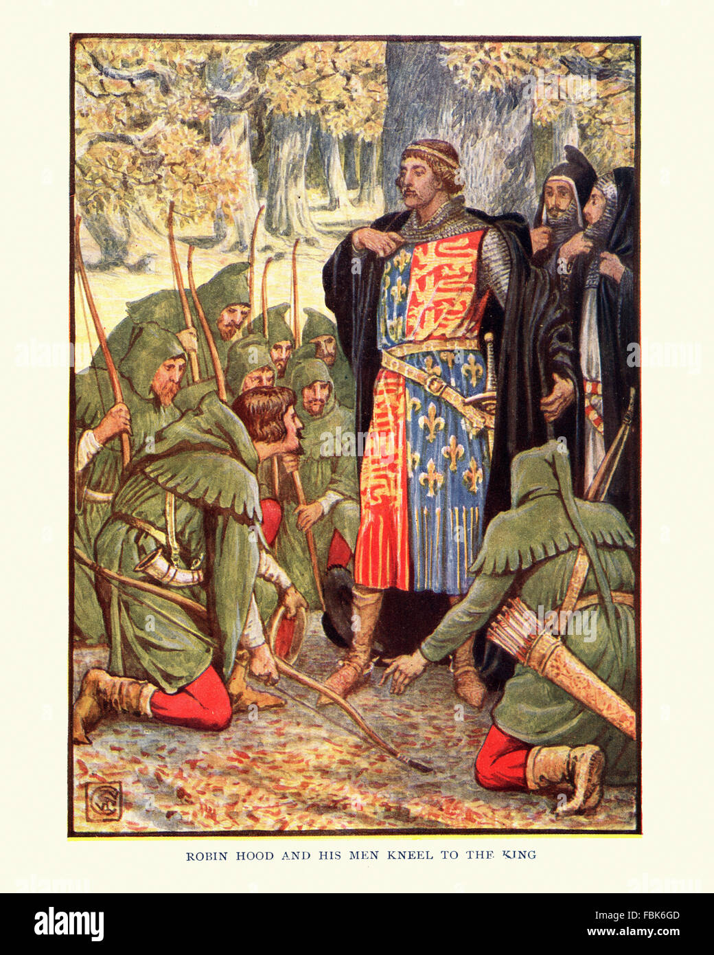 Illustration from the story of Robin Hood. Robin Hood and his men kneel before King Richard the Lionheart. By Walter Crane Stock Photo