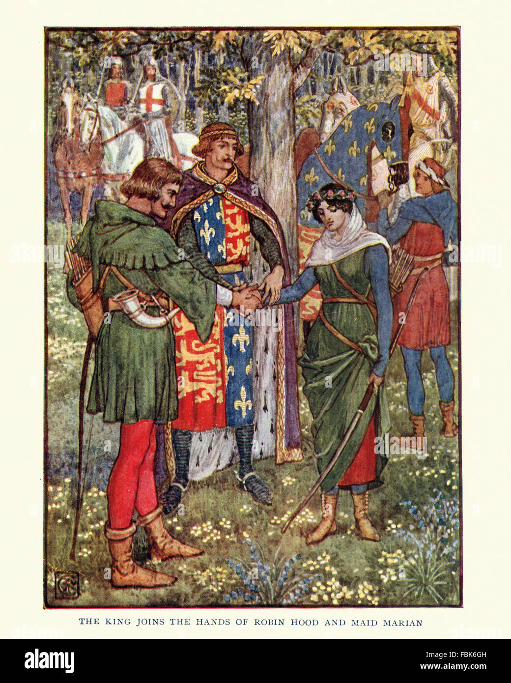 Illustration from the story of Robin Hood. King Richard the Lionheart joins the hands of Robin Hood and Maid Marian. By Walter Cr Stock Photo