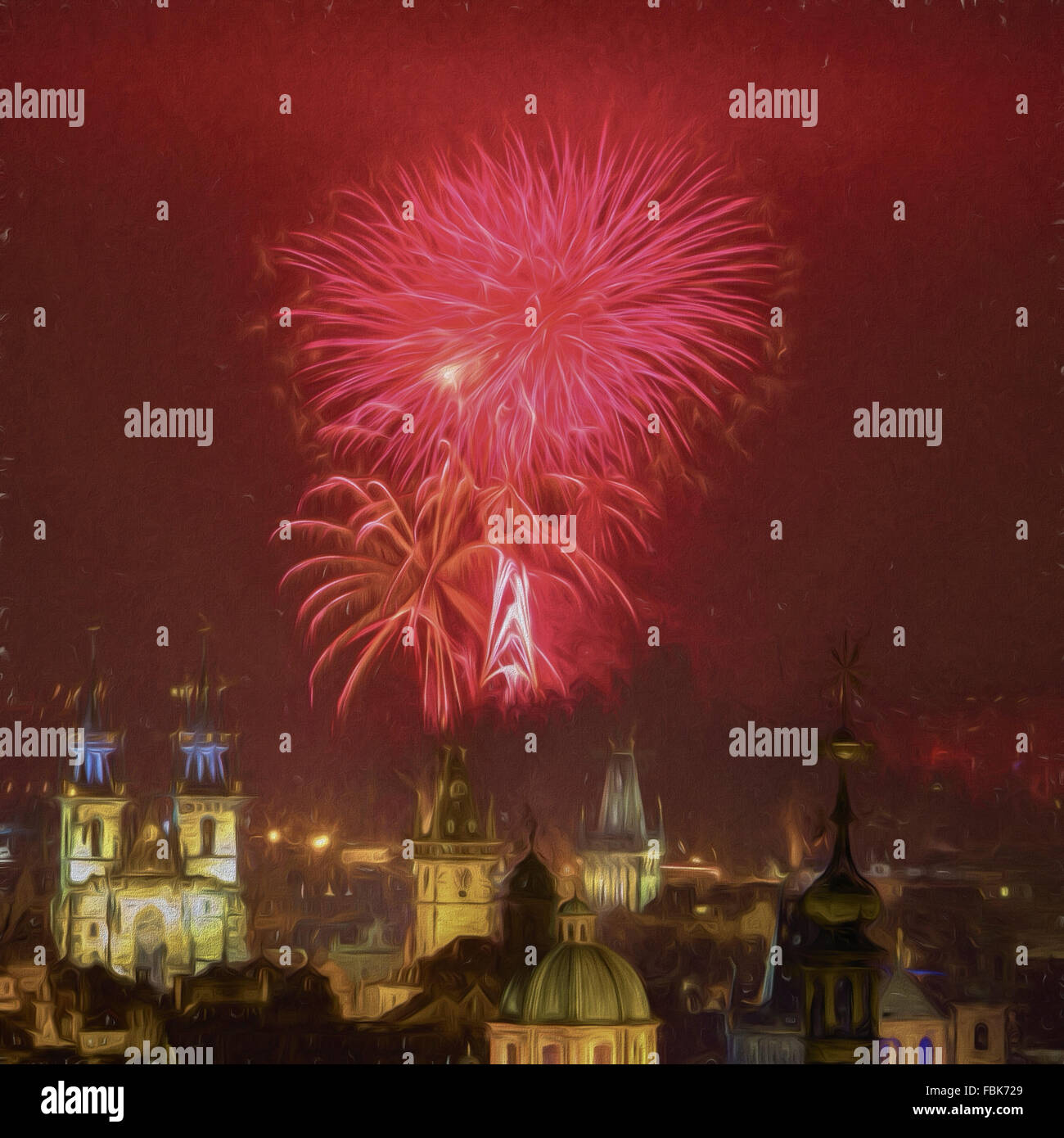 Fireworks over historical center of Prague, digital painting in impressionistic style Stock Photo