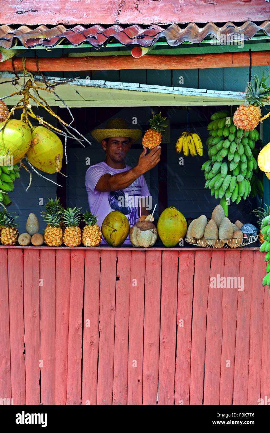 roadside tropical fruit stall on a rainy day in Vinales, Pinar del Rio Province, Cuba Stock Photo