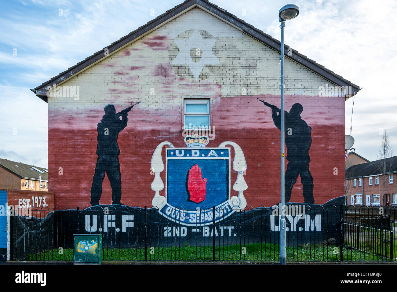 Ulster Freedom Fighters UFF and Ulster Young Militants UYM mural in Dee Street, East Belfast, Northern Ireland. Stock Photo
