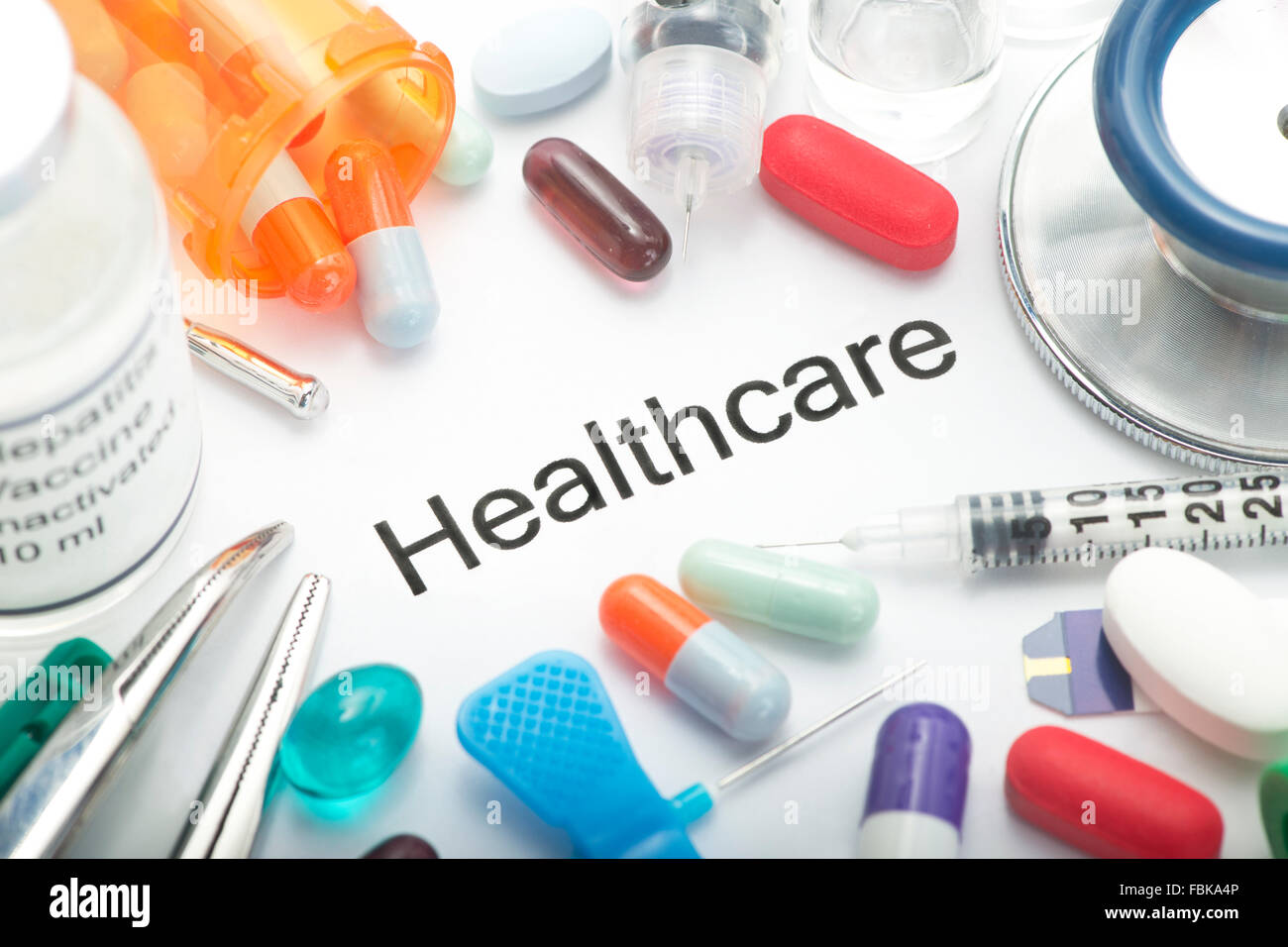 Healthcare concept photo with medication and medical supplies. Label is