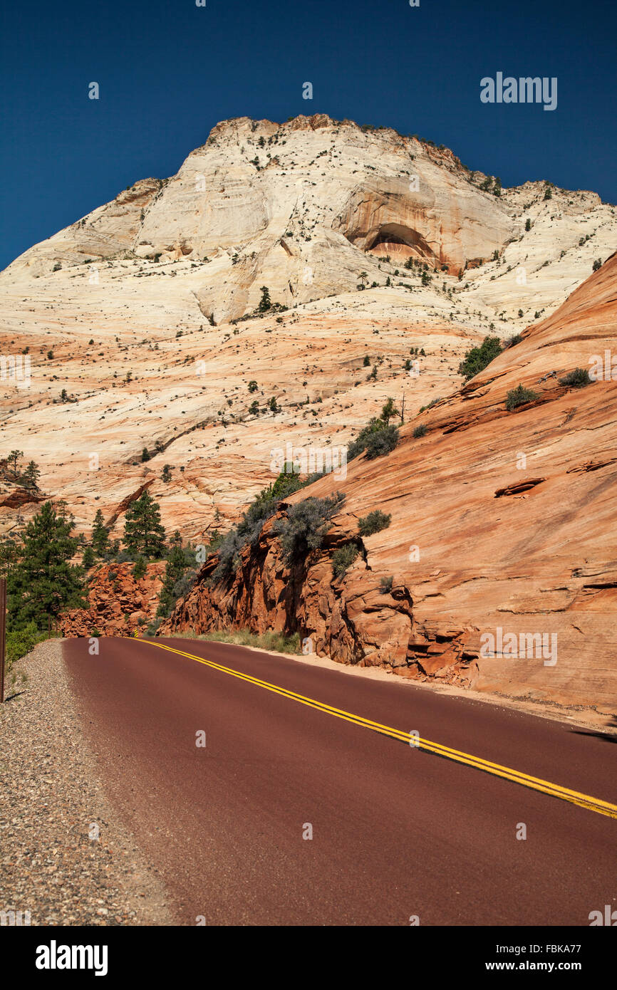 Clear road through the mountains of Zion National Park, Utah, USA Stock Photo