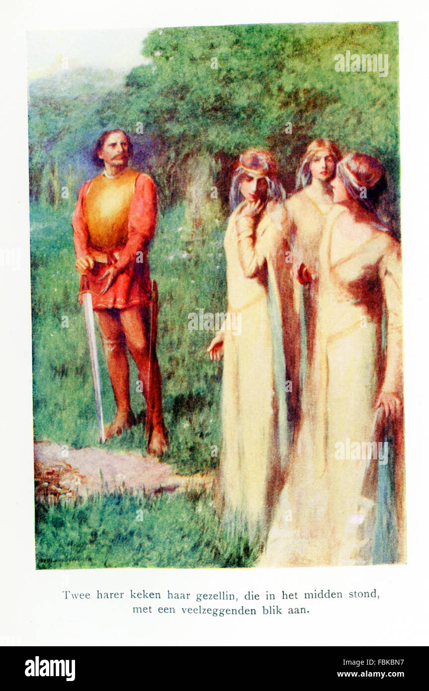 The caption for this illustration reads: The two looked at their companion who was standing in the middle with a petrified look! The one is the middle is the princess Roksanda. The three maidens, according to Serbian myth, were terrified. The man is Milosh, who brought the princess to the tsar Doushan who wanted to marry her. One companion emained as her lady-in-waiting. Milosh kept the third maiden for himself. The illustration is from a 1921 book on Serbian myths and legends. Stock Photo