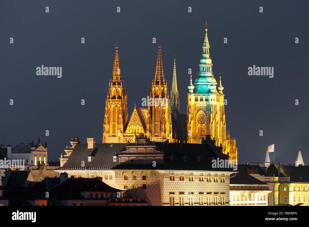 Gold Prague Castle at night, Czech Republic Stock Photo
