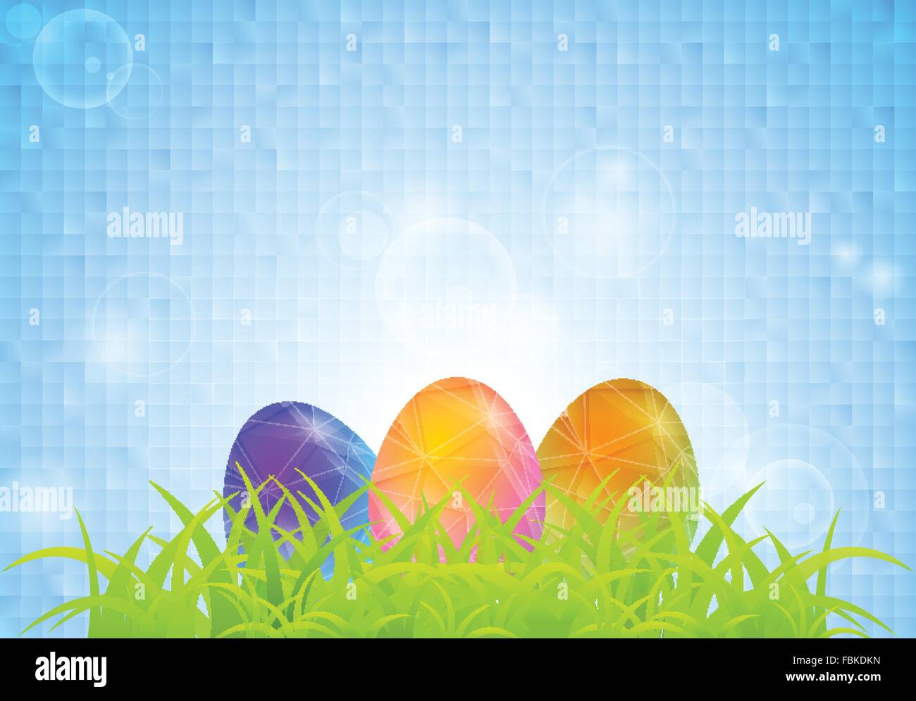 Green grass and polygonal Easter eggs on blue squares background ...