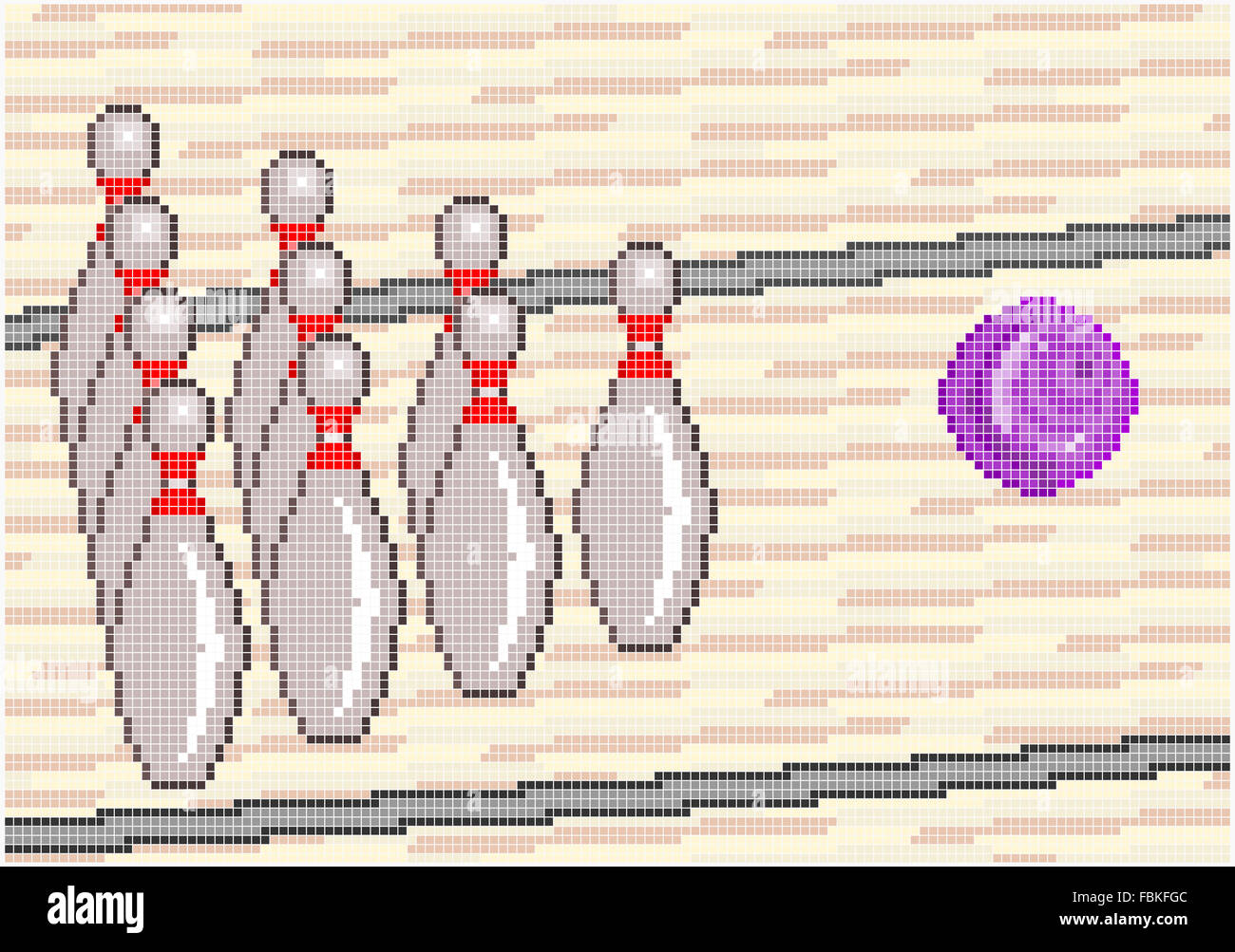 Illustration of the game of Ten pin Bowling with a bowling ball rolling down the lane to strike the pins. Square pixels used. Stock Photo