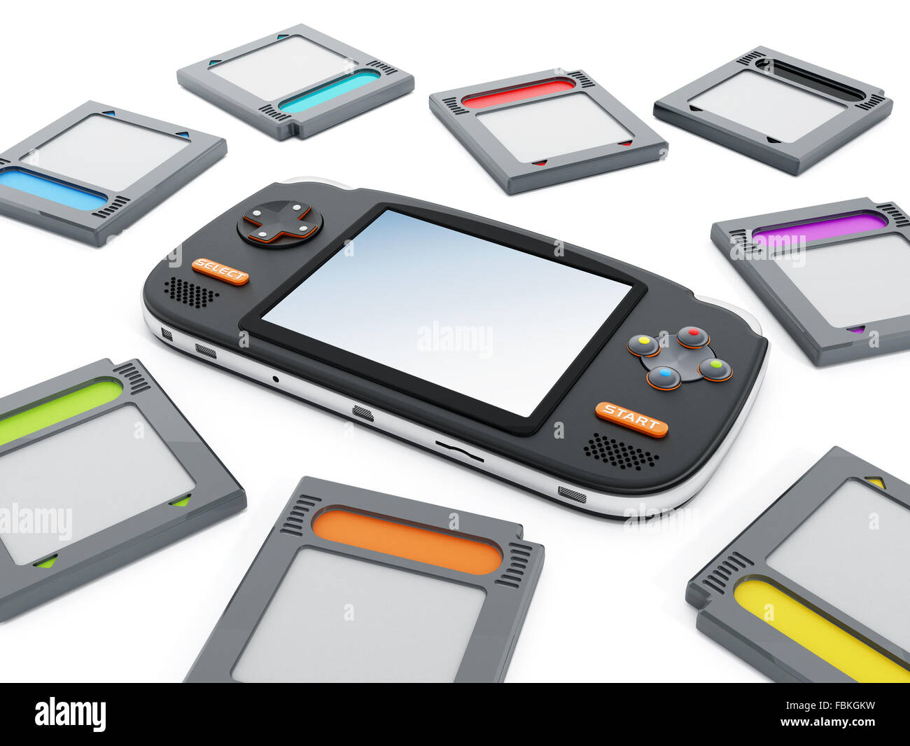 Handheld video game device and retro game cartridges. Stock Photo