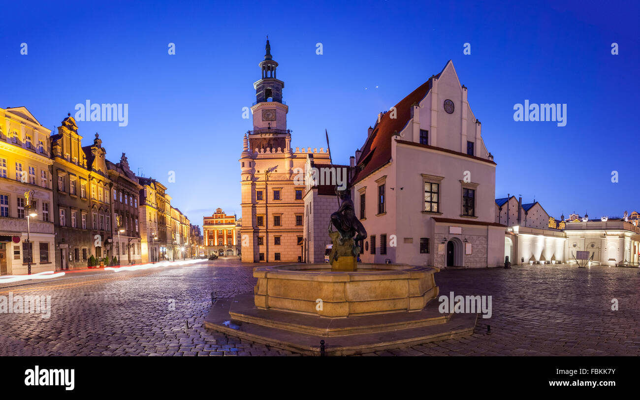 Night view of Poznan Old Market Square in western Poland. Panoramic montage from 5 HDR images Stock Photo