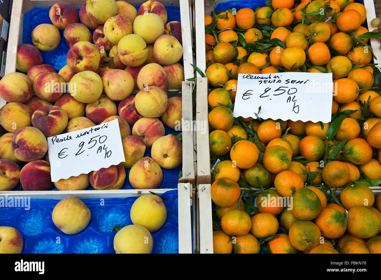Trays of peaches and clementines on sale on a stall at the weekly market, Siena, Tuscany, Italy