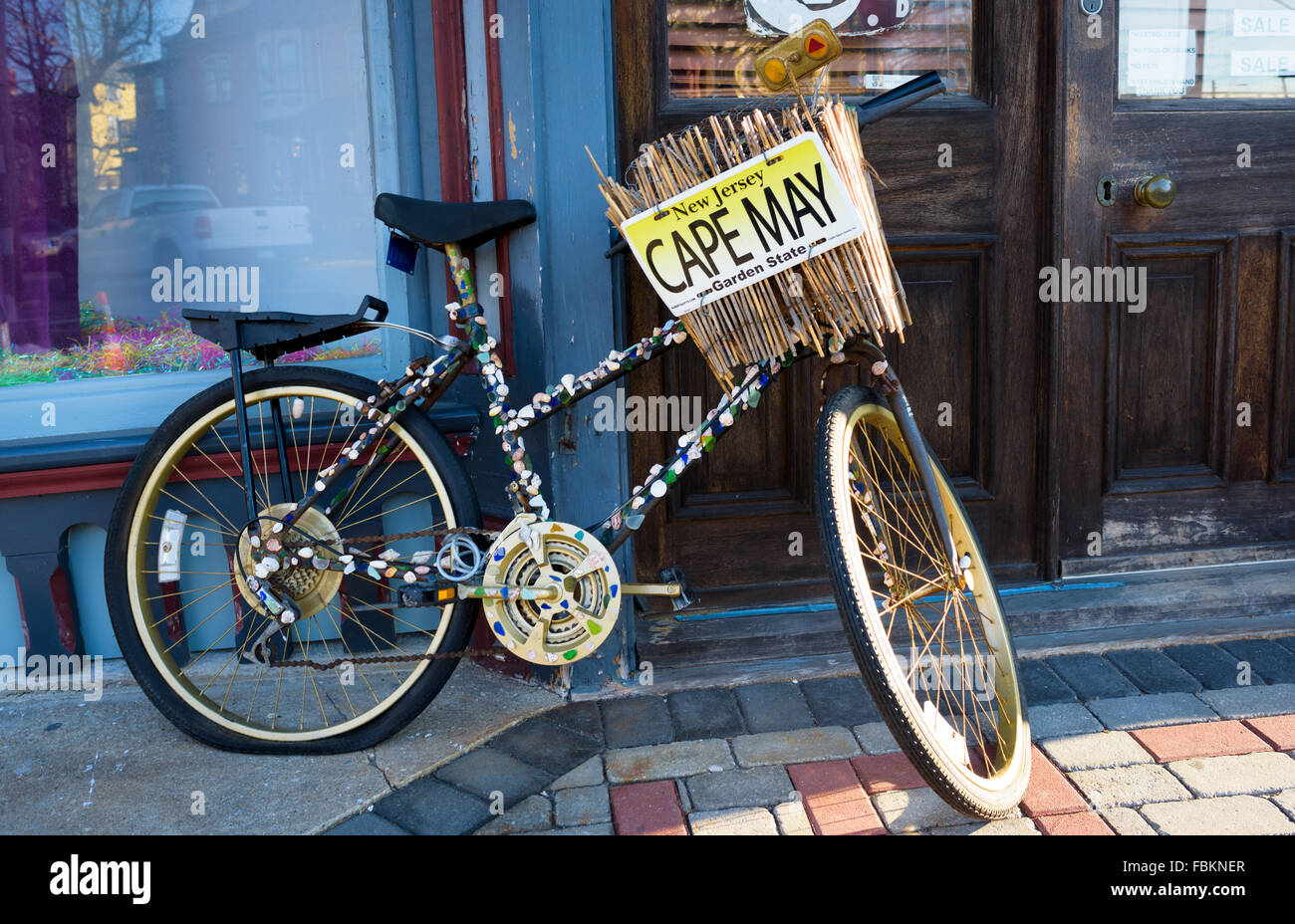 A bicycle spots a Cape May New Jersey license plate in the resort town