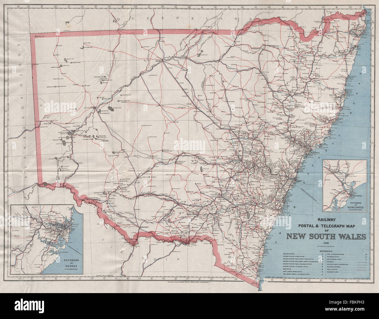 NEW SOUTH WALES. Railway Post Telegraph routes offices 1886. MACDONALD, 1888 map Stock Photo