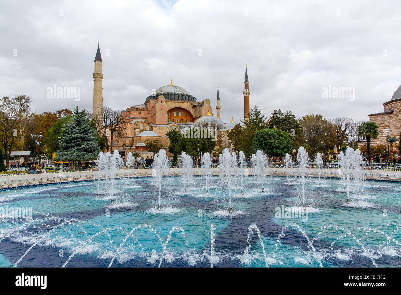 Hagia Sophia museum and Sultanahmet fountain square under clouds Stock ...