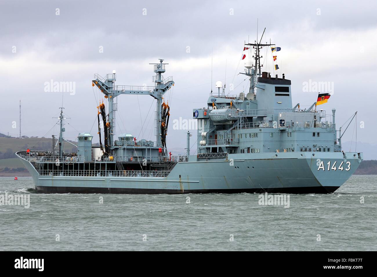 FGS Rhon, a Type 704A Rhön class tanker of the German Navy, heads past East India Harbour at the outset of Joint Warrior 13-1. Stock Photo