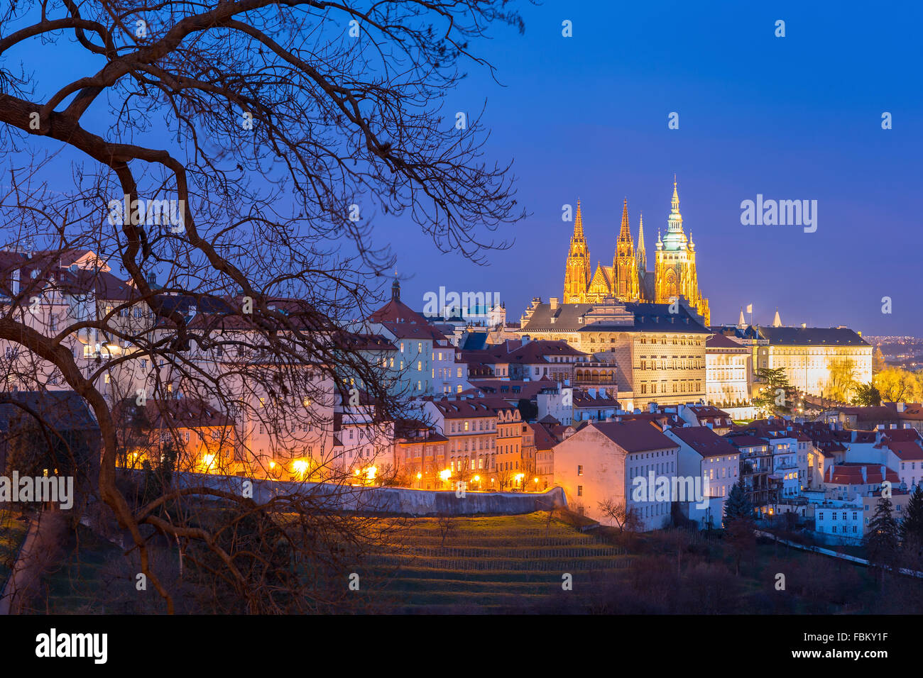 Gold Prague Castle at night, Czech Republic Stock Photo