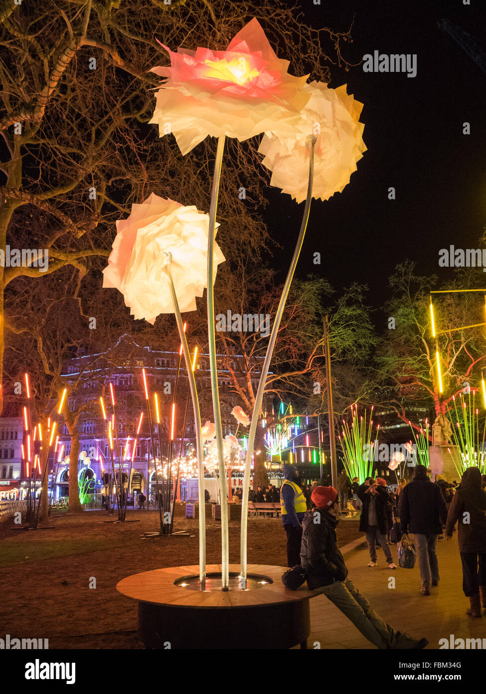 a London Lumiere flower light exhibit in Leicester Square gardens at