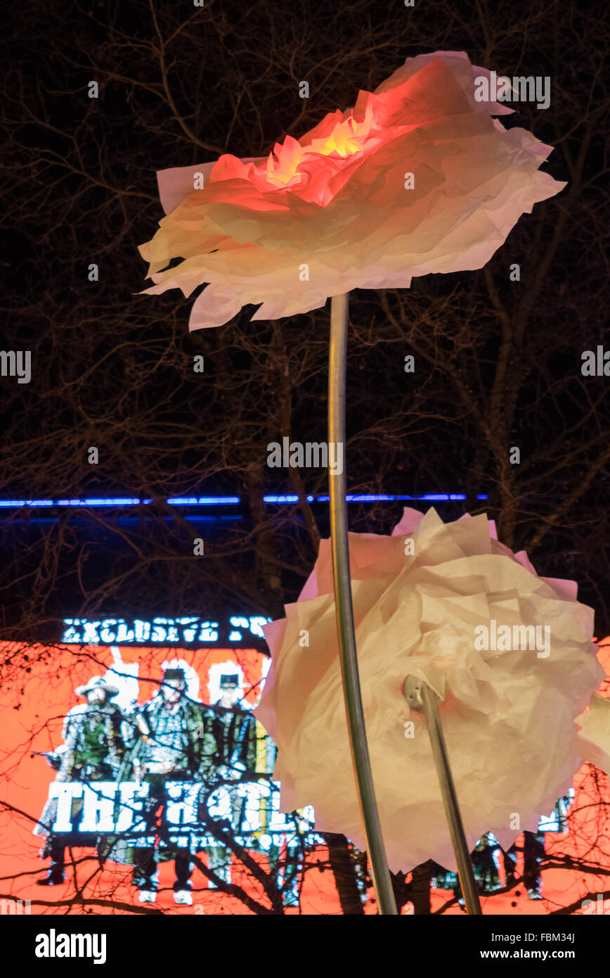 a London Lumiere flower light exhibit in Leicester Square gardens at