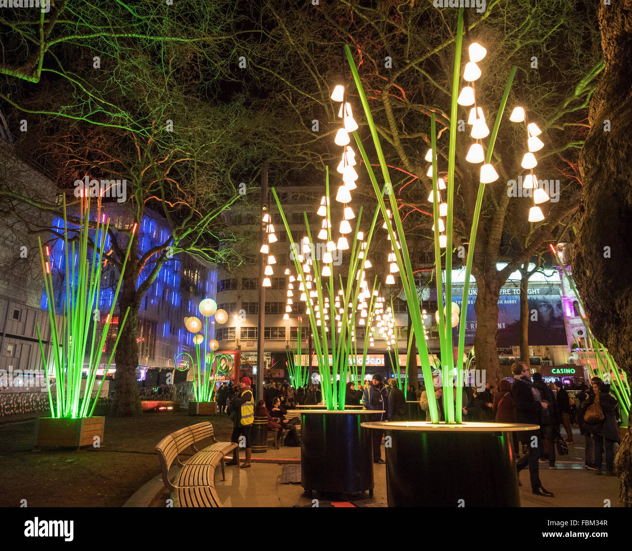 a London Lumiere flower light exhibit in Leicester Square gardens at