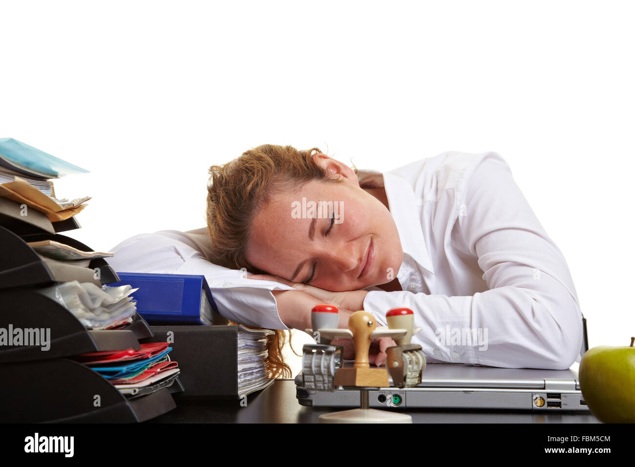 Tired business woman sleeping on her desk in the office Stock Photo - Alamy