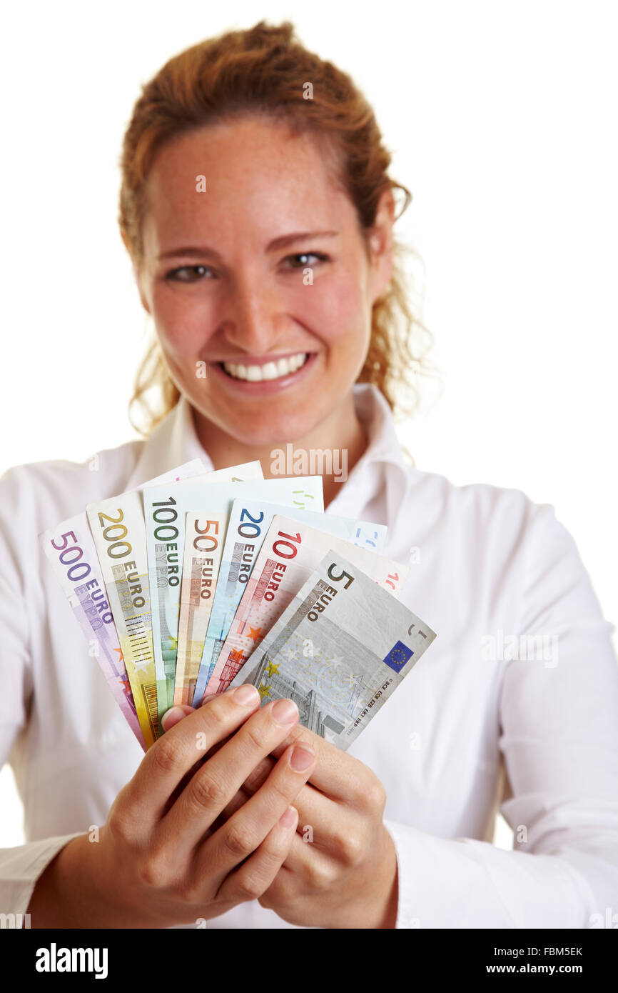 Happy business woman with Euro money bills fan Stock Photo - Alamy