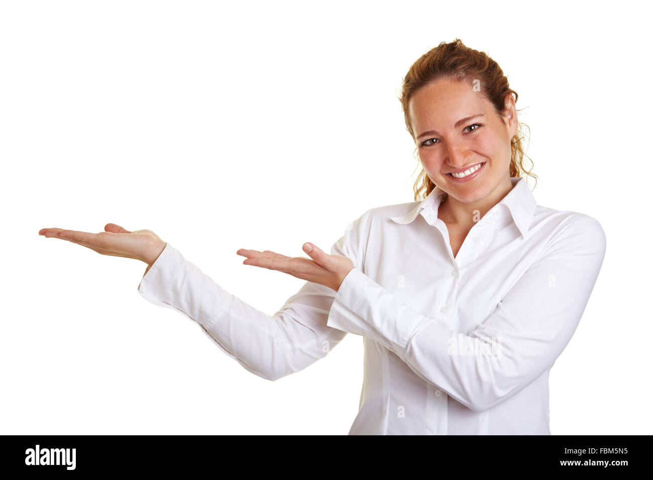 Happy business woman showing imaginary product with her hands Stock Photo