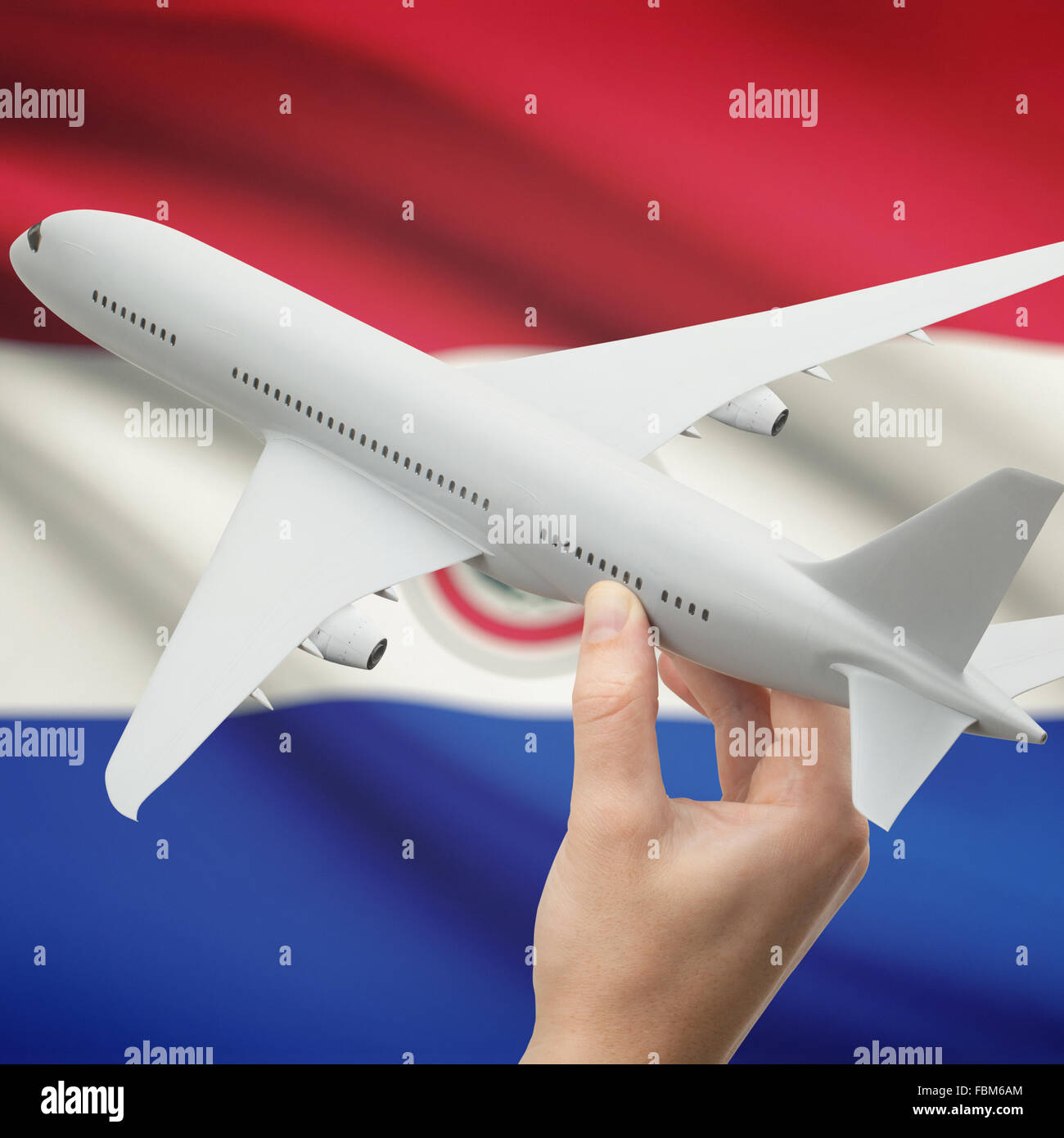 Airplane in hand with national flag on background series - Paraguay Stock Photo