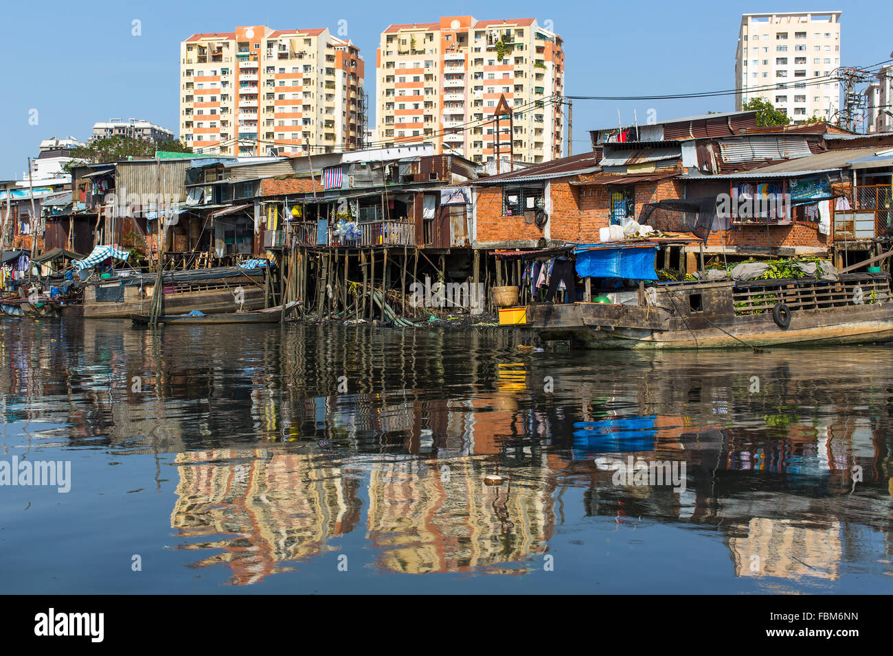 Views of the city's Slums from the river. Ho Chi Minh City, Vietnam. Stock Photo