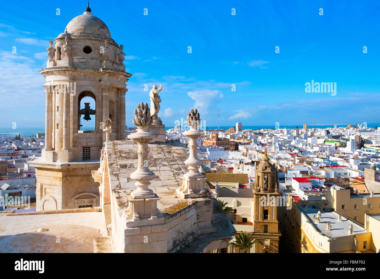 an aerial view of the roofs of Cadiz, Spain, from the belfry of its Cathedral Stock Photo