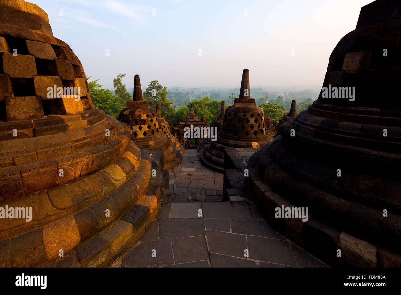 The beautiful stupas of Borobudur Temple complex, Yogyakarta, Indonesia. Stock Photo