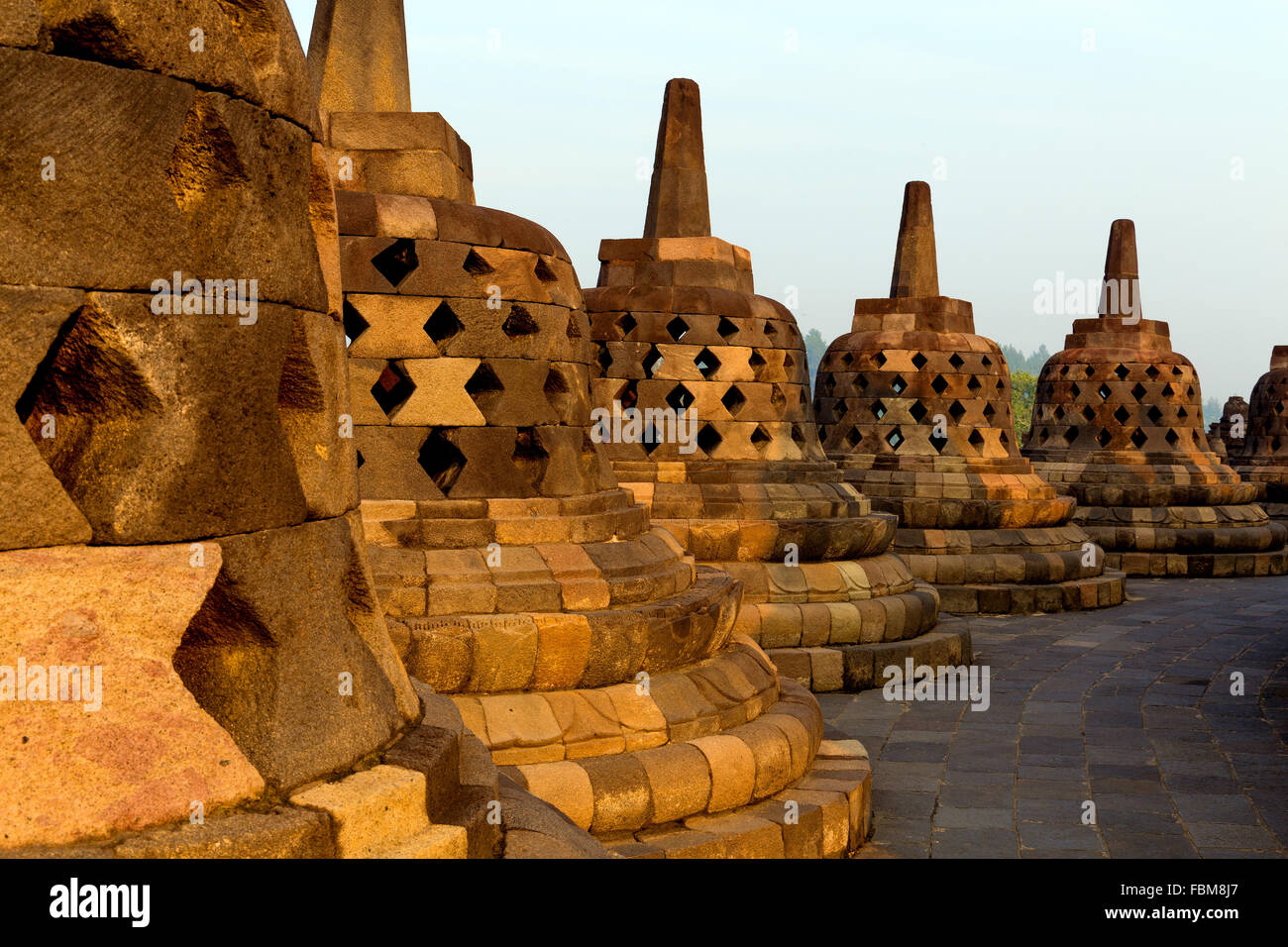 The beautiful stupas of Borobudur Temple complex, Yogyakarta, Indonesia. Stock Photo